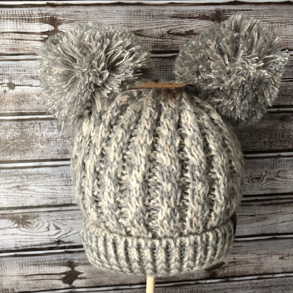 C.C Gray Double Pom Beanie Cable Knit Fuzzy - Picture 2 of 4